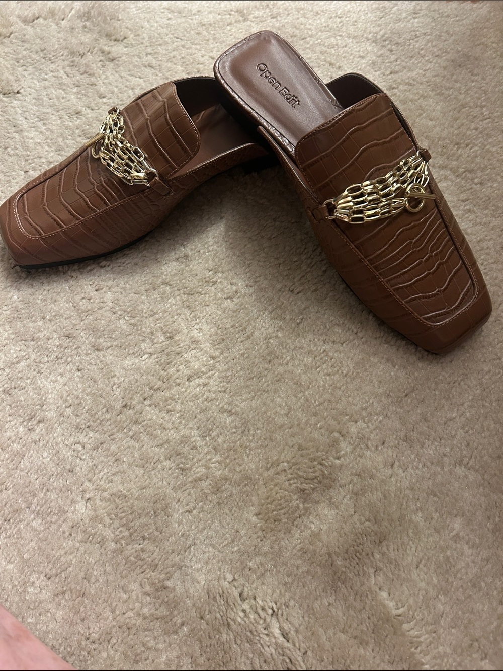Open Edit Brown Croc-Embossed Chain-Accent Mule